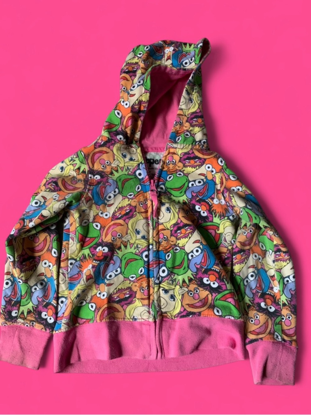 Colorful Muppet Print Hoodie with Pink Trim
